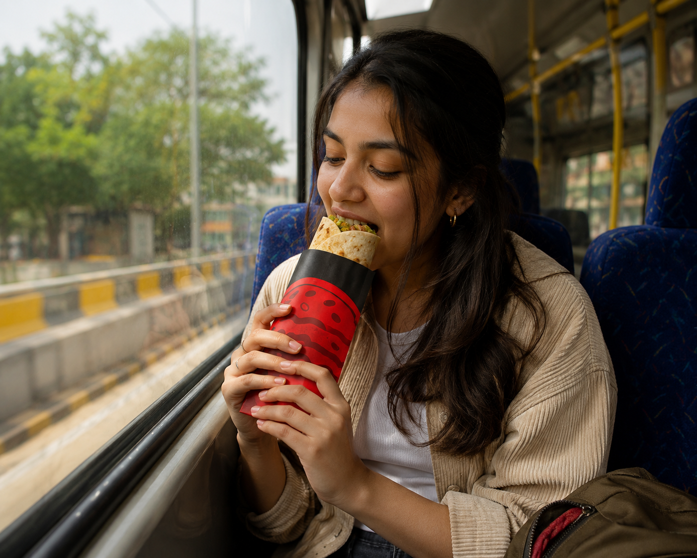 A person enjoying a wrap while traveling on a bus